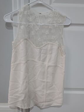 Adam Lippes Sheer Lace Yoke Sleeveless Shell Top in Cream